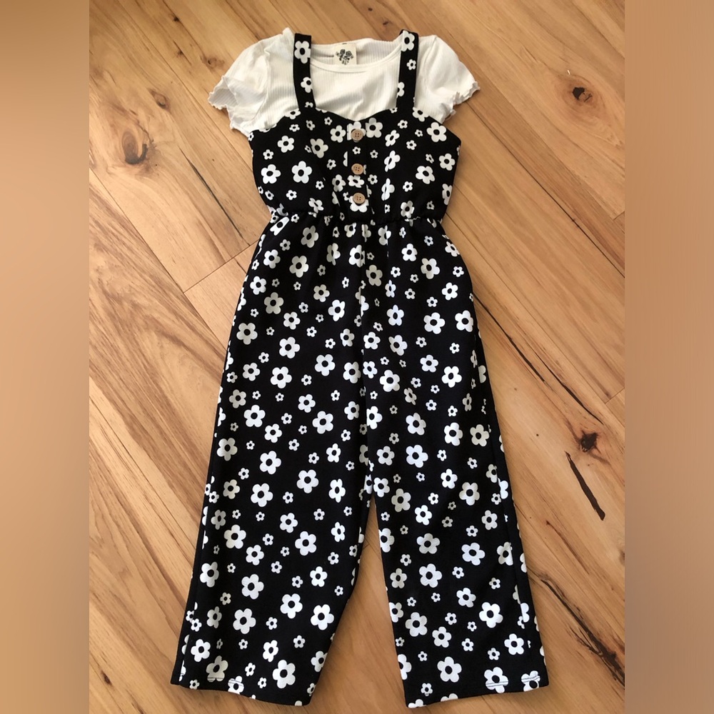 Girls Black Floral Jumpsuit with White Flower Print
